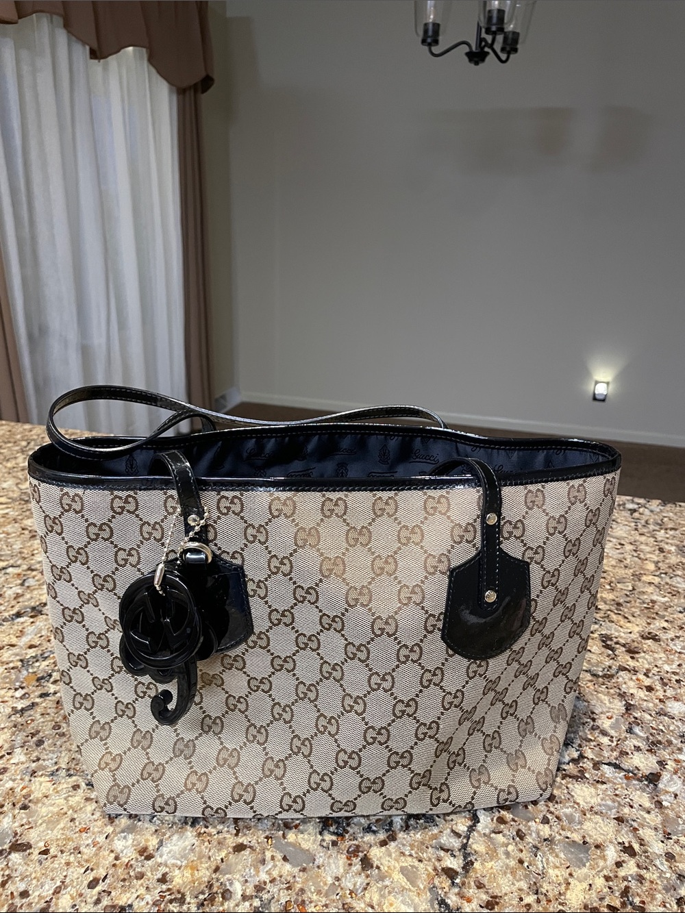 Gucci Beige GG Canvas Tote with Black Leather Accents and Charm
